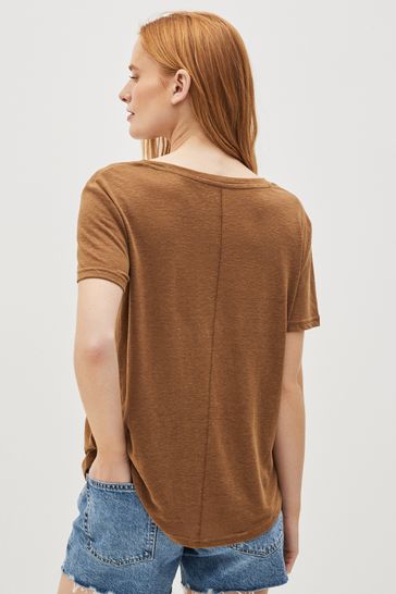 Buy Gap Brown Linen Blend Scoop Neck Short Sleeve T Shirt from