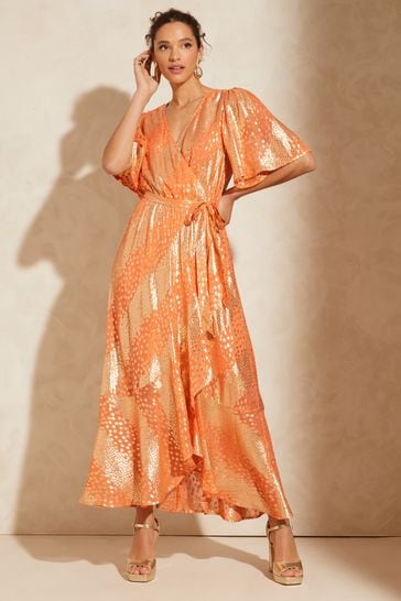 Love & Roses Orange Metallic Flutter Sleeve Wrap Tiered Midi Dress