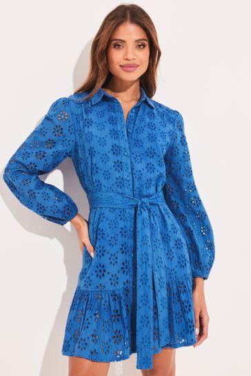 Lipsy Blue Broderie Belted Long Sleeve Mini Shirt Dress