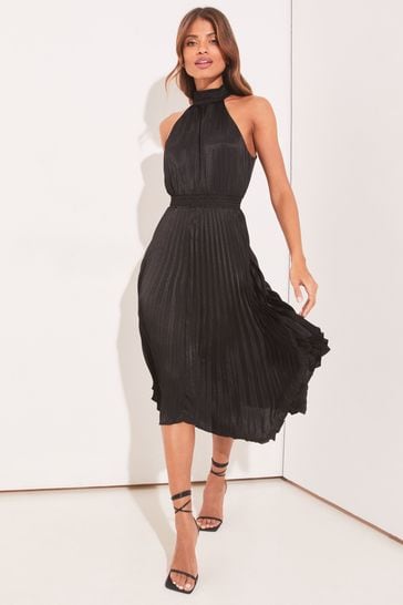 Lipsy Black Halter Pleated High Neck Midi Dress