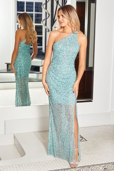 Sistaglam Sage Green One Shoulder Shirred Mesh Sequin Maxi Dress