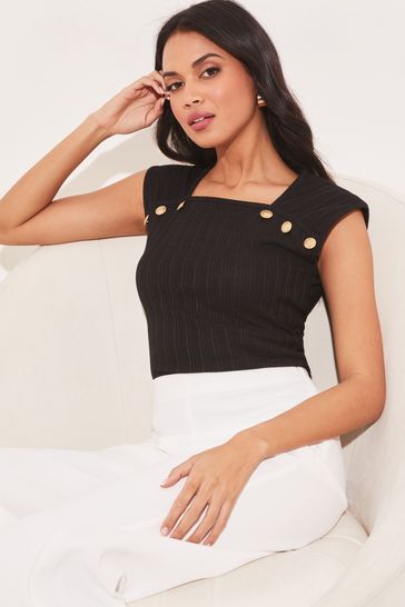 Lipsy Black Square Neck Button Ribbed Sleeveless Top