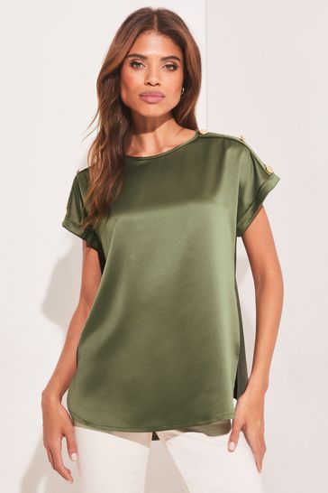 Lipsy Khaki Green Satin Front Jersey Back Longline T-Shirt