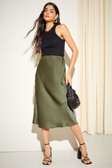 Satin bias midi skirt on sale green