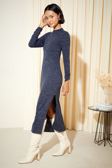 Friends Like These Navy Blue Soft Touch High Neck Long Sleeve Split Sides Column Knit Midi Dress
