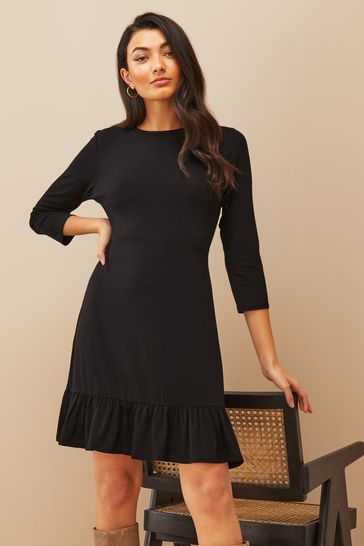 Friends Like These Jet Black Fit And Flare Round Neck 3/4 Sleeve Dress