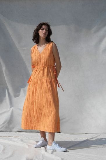 Great Plains Orange Summer Embroidery V Neck Dress
