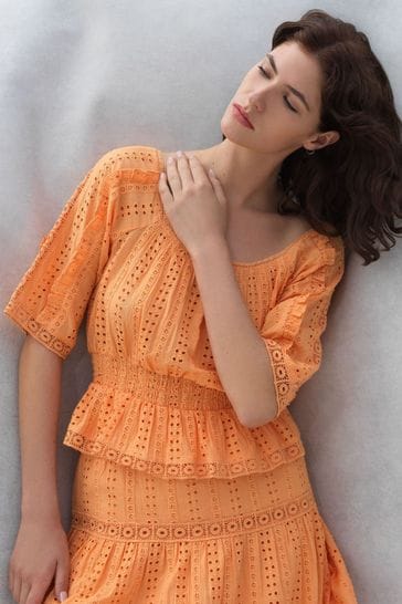 Great Plains Orange Summer Embroidery Square Neck Top