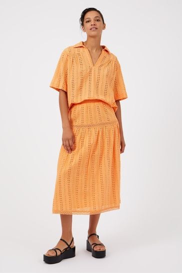 Great Plains Orange Summer Embroidery Midi Skirt