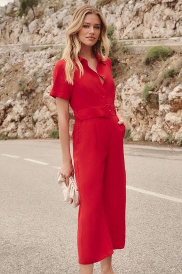 Friends Like These Red Utility Belted Short Sleeve Wide Leg Jumpsuit