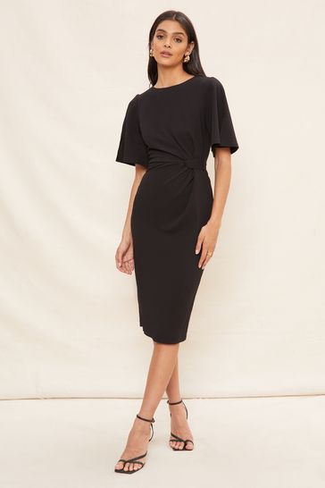 Friends Like These Black Tailored Knot Detail Flutter Sleeve Midi Dress