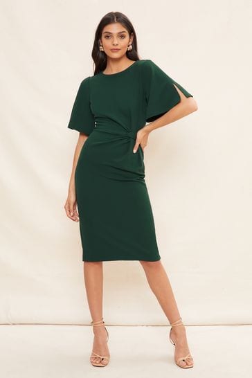 Friends Like These Green Tailored Knot Detail Flutter Sleeve Midi Dress