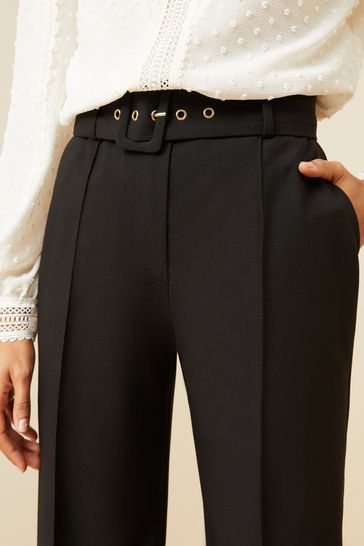 Love Roses Black Belted High Waist Wide Leg Tailored Trousers