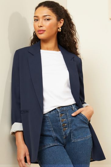 Love & Roses Navy Blue Striped Lining Edge To Edge Tailored Blazer