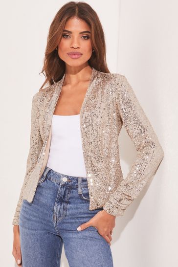 Lipsy Gold Sequin Petite Sequin Cropped Tailored Blazer