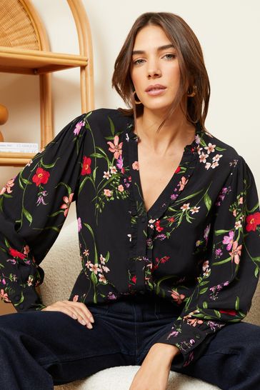 Love & Roses Black and White Floral Ruffle Trim V Neck Long Sleeve Blouse