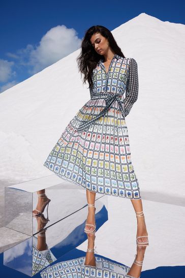 Mary Katranzou x Lipsy Multi Colour Pleated Skirt Long Sleeve Midi Shirt Dress