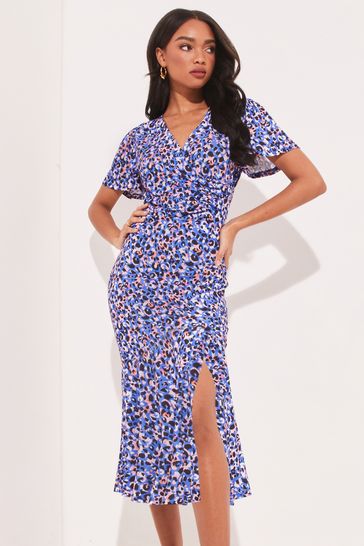 Buy Lipsy Jersey Print Flutter Sleeve Ruched Wrap Midi Dress from Next ...