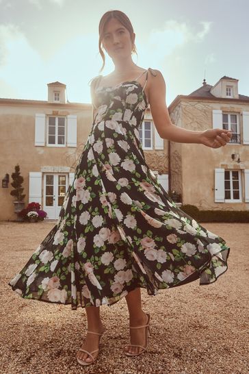 Lipsy Black Floral Strappy Corset Midi Dress