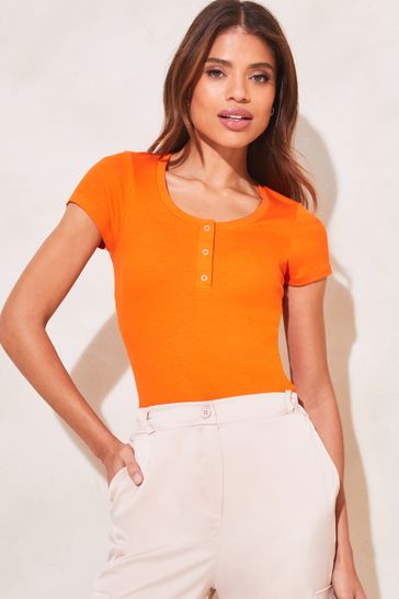 Lipsy Orange Henley Scoop Neck Ribbed T-Shirt