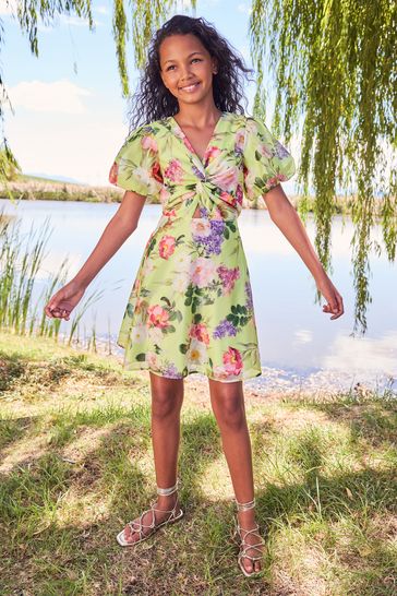 Lipsy Lime Twist Front Puff Sleeve Occasion Dress 3yrs 16yrs