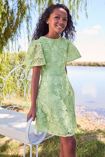 Lipsy Green Angel Sleeve Lace Occasion Dress