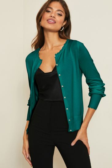 Lipsy Forest Green1 Scallop Detail Crew Neck Button Through Cardigan