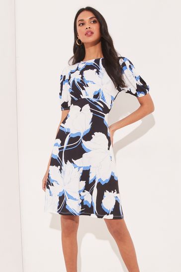 Lipsy Blue Floral Jersey Underbust Puff Sleeve Summer Mini Dress