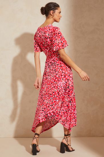 Love Roses Pink Spot Printed Hanky Hem Jersey Midi Dress