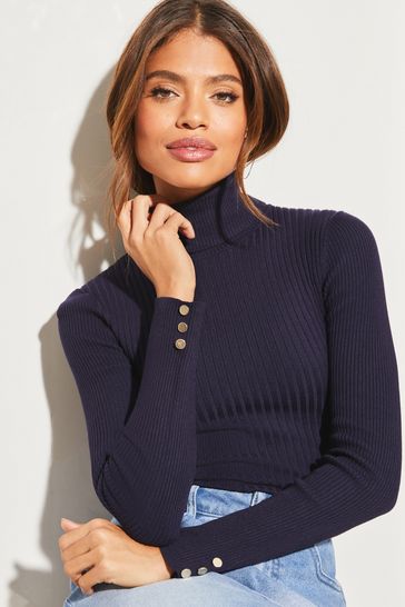 Lipsy Navy Blue Knitted Roll Neck Ribbed Button Detail Long Sleeve Jumper