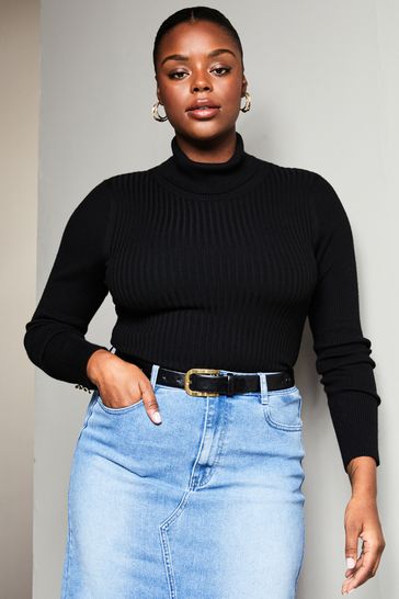 Lipsy Black Curve Knitted Roll Neck Ribbed Button Detail Long Sleeve Jumper