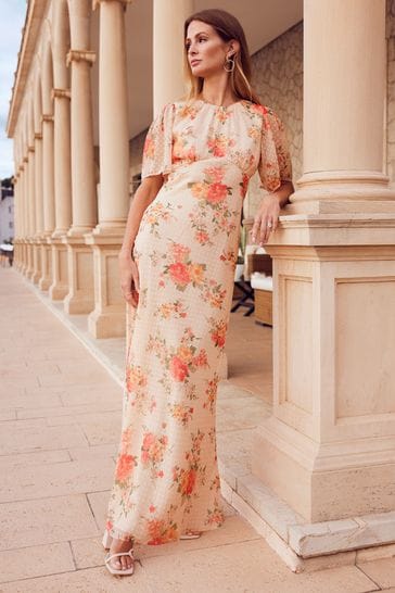 Friends Like These Pink Floral Petite Chiffon Flutter Sleeve Maxi Dress