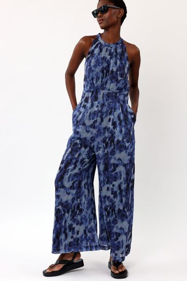 Religion Blue Halterneck Printed Jumpsuit With Wide Leg Trousers