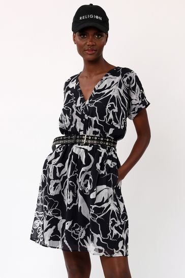 Religion Black Faux Wrap Dress With Elasticated Waist In Print