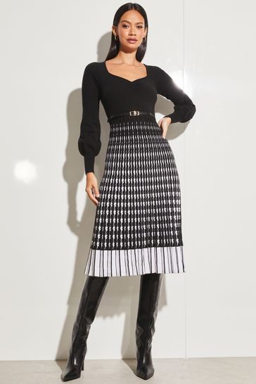 Lipsy Black/White Sweetheart Neckline 2 in 1 Long Sleeve Knitted Dress