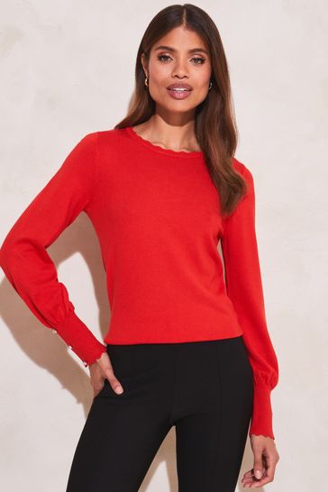 Lipsy Red Scallop Detail Long Sleeve Knitted Jumper