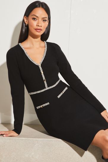Lipsy Black Petite Boucle Trim Tipped Knitted V Neck Long Sleeve Fit and Flare Dress