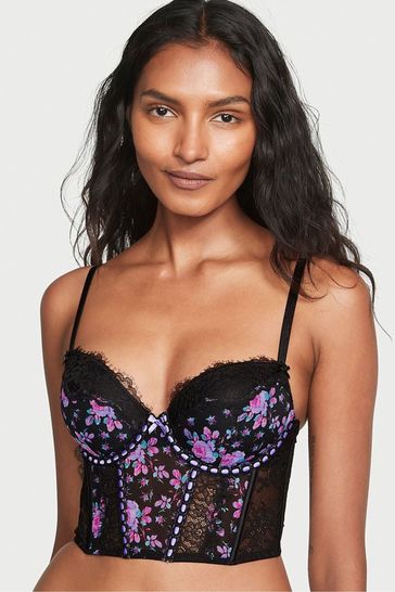 Buy Victoria's Secret Black Floral Ribbon Slot Lace Corset Bra Top