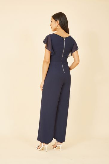 Yumi Navy Blue Wrap Jumpsuit With Ruffle Sleeves