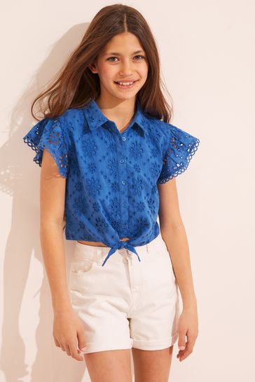 Lipsy Cobalt Blue Broderie Tie Front Button Up Shirt
