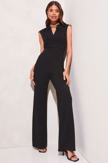 Buy Lipsy Black Chain Trim V Neck Wide Leg Culotte Jumpsuit from