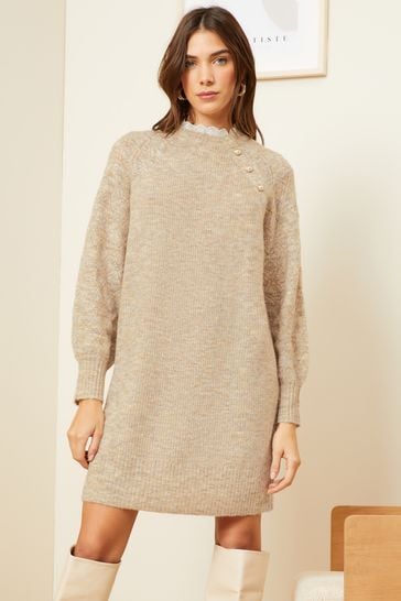 Love Roses Camel Cosy Recycled Button Jumper Dress