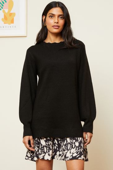 Love & Roses Black Woven Hem Long Sleeve Knitted Jumper Dress