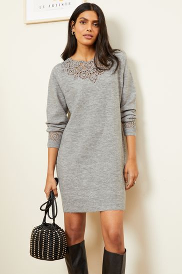 Love & Roses Grey Crochet Mix Long Sleeve Jumper Dress