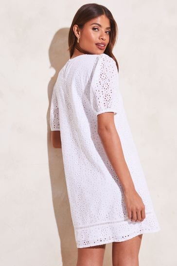 Buy Lipsy White Petite Broderie Puff Sleeve Shift Dress from Next