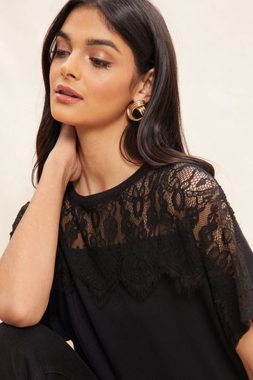 Buy Friends Like These Black Lace Short Sleeve V Neck Tunic Top