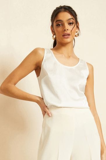 Friends Like These Ivory White Satin Scoop Neck Shell Top