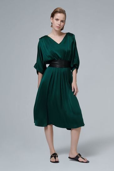 Green silk pleated discount dress