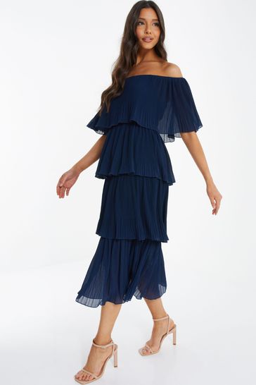 Buy Quiz Navy Blue Bardot Pleated Tiered Midaxi Dress from Next