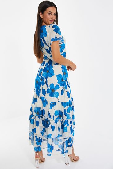 Buy Quiz White Blue Chiffon Floral Wrap Front Midaxi Dress from